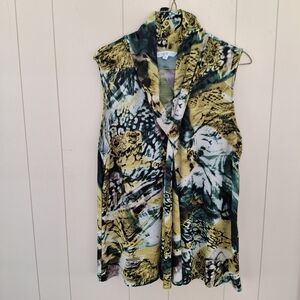 Cleo Size XL Green Sleeveless Blouse Cowl Neck Faux Tie Scarf